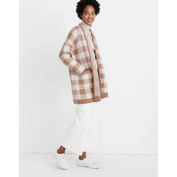 Madewell Minetta Sweater Coat in Buffalo Check Merino Wool | Beige Cream | SZ M - Picture 2 of 11